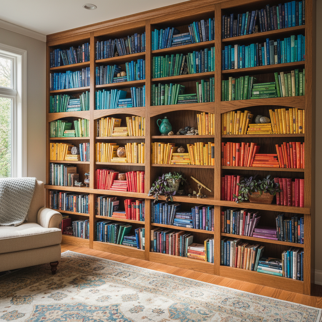 a natural, realistic photo of a colorful bookcase, no AI art style