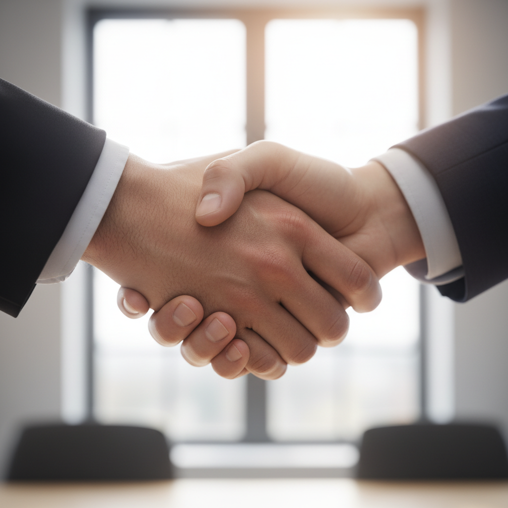 an up-close image of hands shaking, realistic photo style (not AI art), suitable for a testimonial section