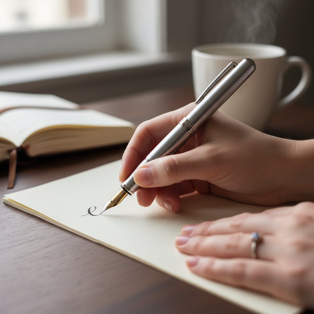 an up-close image of someone writing, focusing on their hand and pen on paper