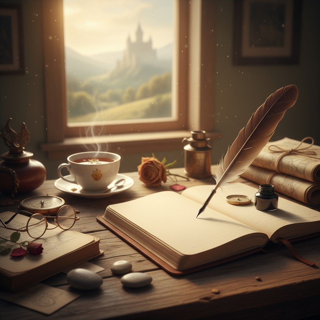A serene indoor scene featuring a rustic wooden desk, adorned with an open book, quill pen, glasses, a rose, and a steamin...