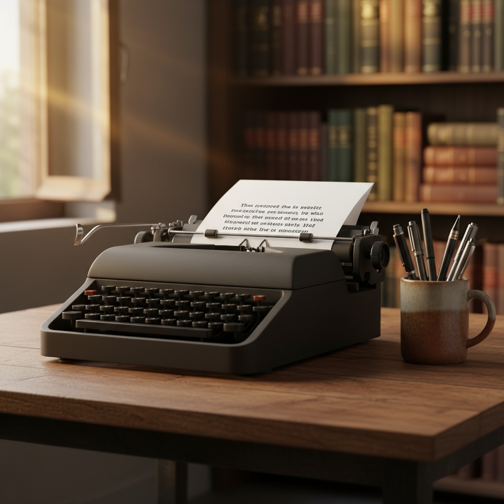 A vintage typewriter on a wooden desk, with a blurred bookshelf in the background.