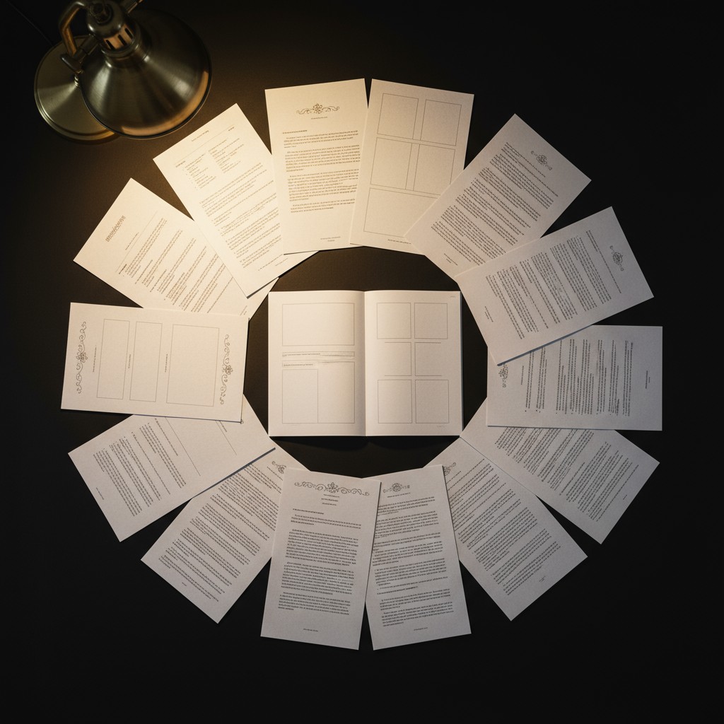 The empty white, typographic design composition in the vignette image contains multiple sheets of white paper surrounded b...