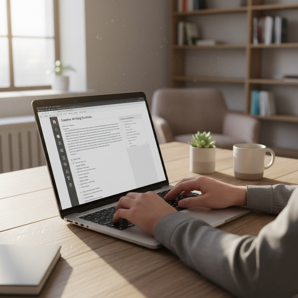A realistic, professional photo of a person typing on a laptop, with a Word document open on the screen. The scene shows a clean desk, soft natural lighting, and a focus on the hands on the keyboard, suitable for a writing portfolio website.